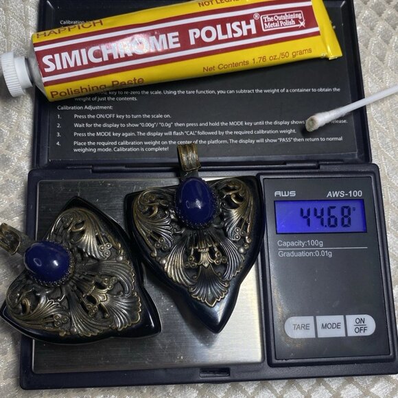 Vintage 1965–75 Nepal/India Bronze & Ebonite Pendants w/ Blue Galalith Cabochon - Picture 7 of 10